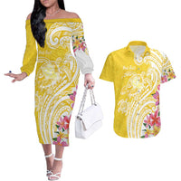 Aloha Oahu Island Personalized Couples Matching Off The Shoulder Long Sleeve Dress and Hawaiian Shirt Yellow Dreamy Turtle LT7 Yellow - Polynesian Pride