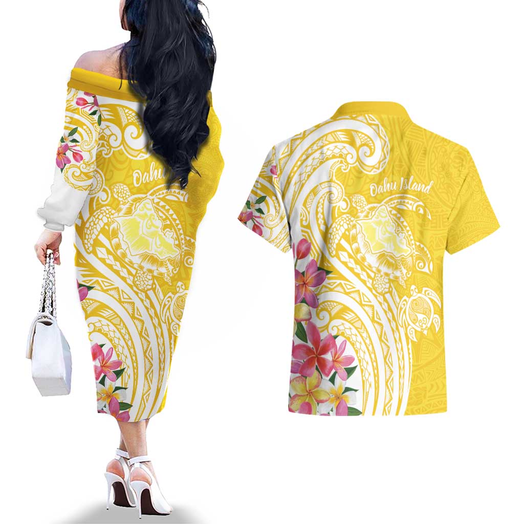 Aloha Oahu Island Personalized Couples Matching Off The Shoulder Long Sleeve Dress and Hawaiian Shirt Yellow Dreamy Turtle LT7 - Polynesian Pride