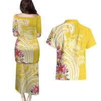 Aloha Oahu Island Personalized Couples Matching Puletasi and Hawaiian Shirt Yellow Dreamy Turtle LT7 - Polynesian Pride