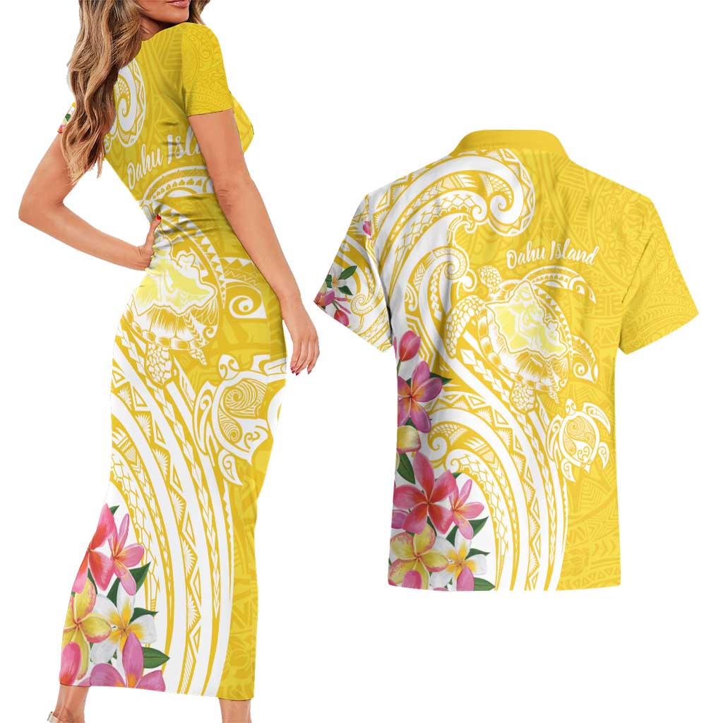 Aloha Oahu Island Personalized Couples Matching Short Sleeve Bodycon Dress and Hawaiian Shirt Yellow Dreamy Turtle LT7 - Polynesian Pride