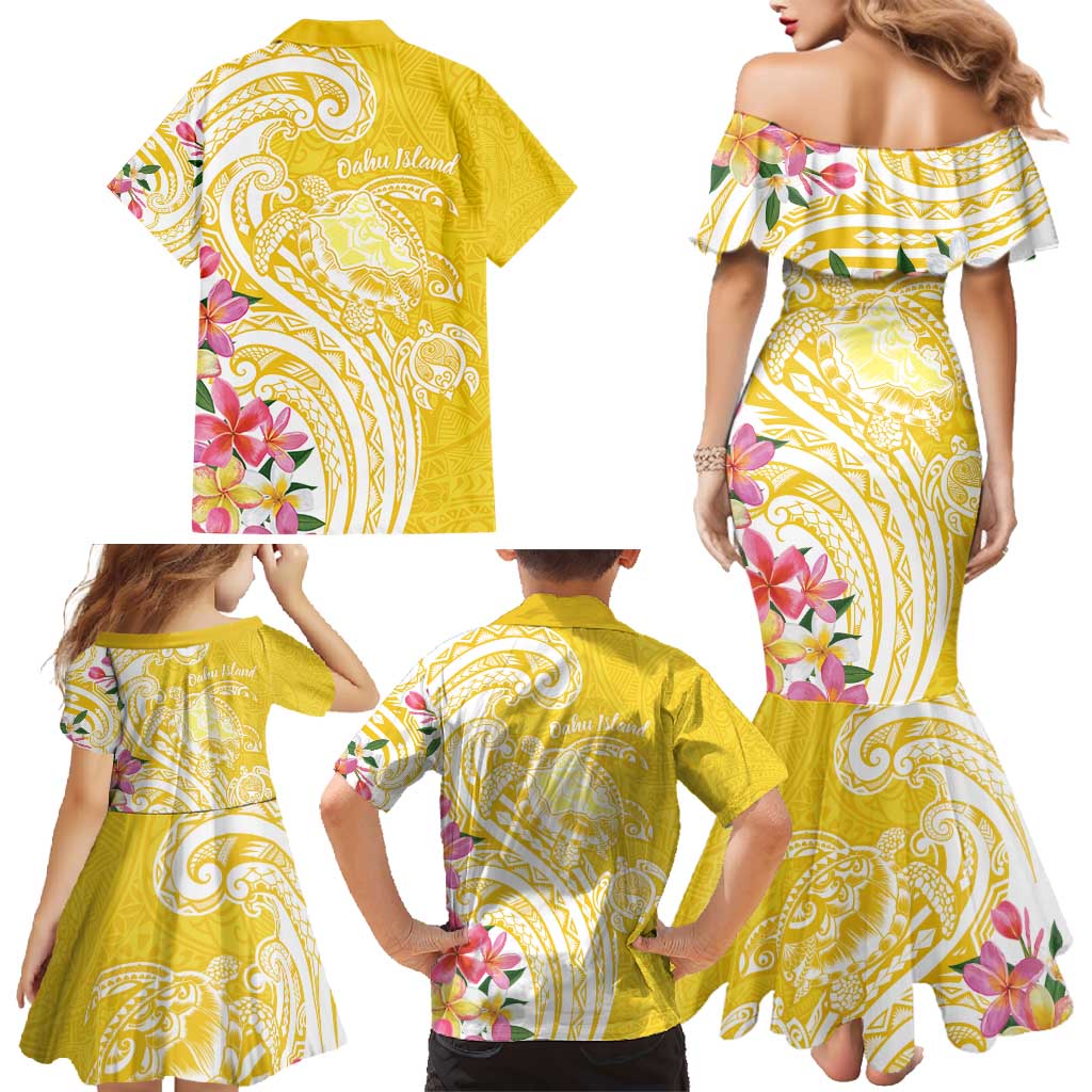 Aloha Oahu Island Personalized Family Matching Mermaid Dress and Hawaiian Shirt Yellow Dreamy Turtle LT7 - Polynesian Pride