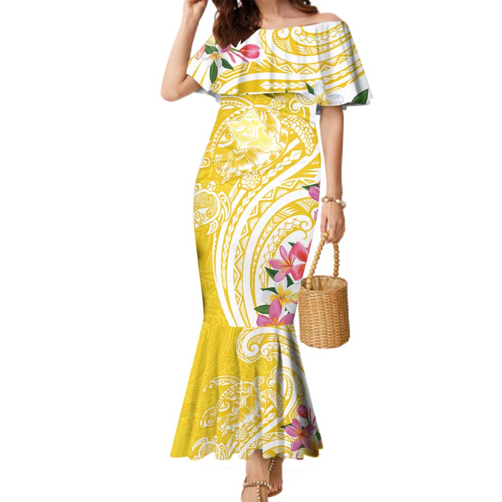 Aloha Oahu Island Personalized Family Matching Mermaid Dress and Hawaiian Shirt Yellow Dreamy Turtle LT7 Mom's Dress Yellow - Polynesian Pride