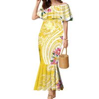 Aloha Oahu Island Personalized Family Matching Mermaid Dress and Hawaiian Shirt Yellow Dreamy Turtle LT7 Mom's Dress Yellow - Polynesian Pride