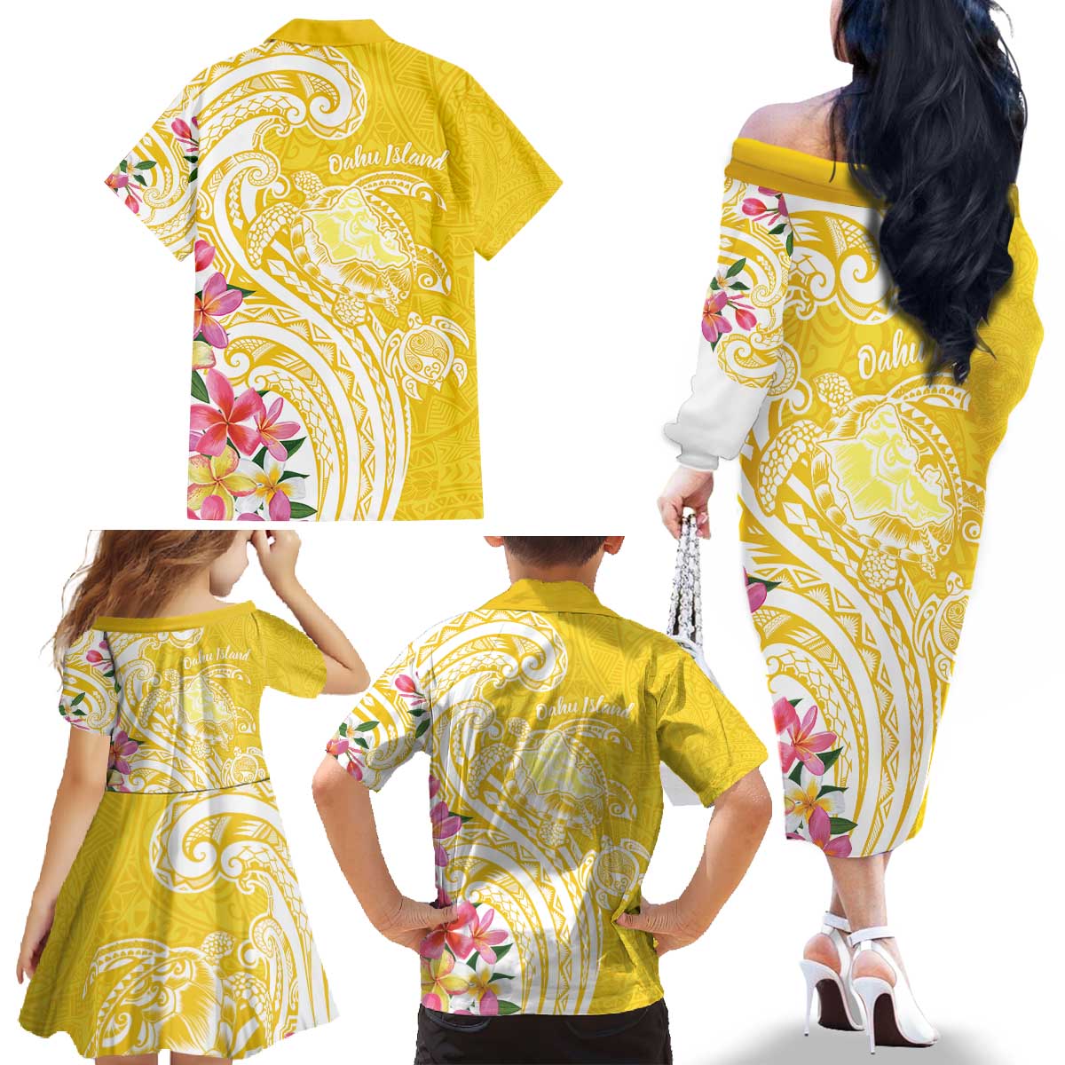 Aloha Oahu Island Personalized Family Matching Off The Shoulder Long Sleeve Dress and Hawaiian Shirt Yellow Dreamy Turtle LT7 - Polynesian Pride