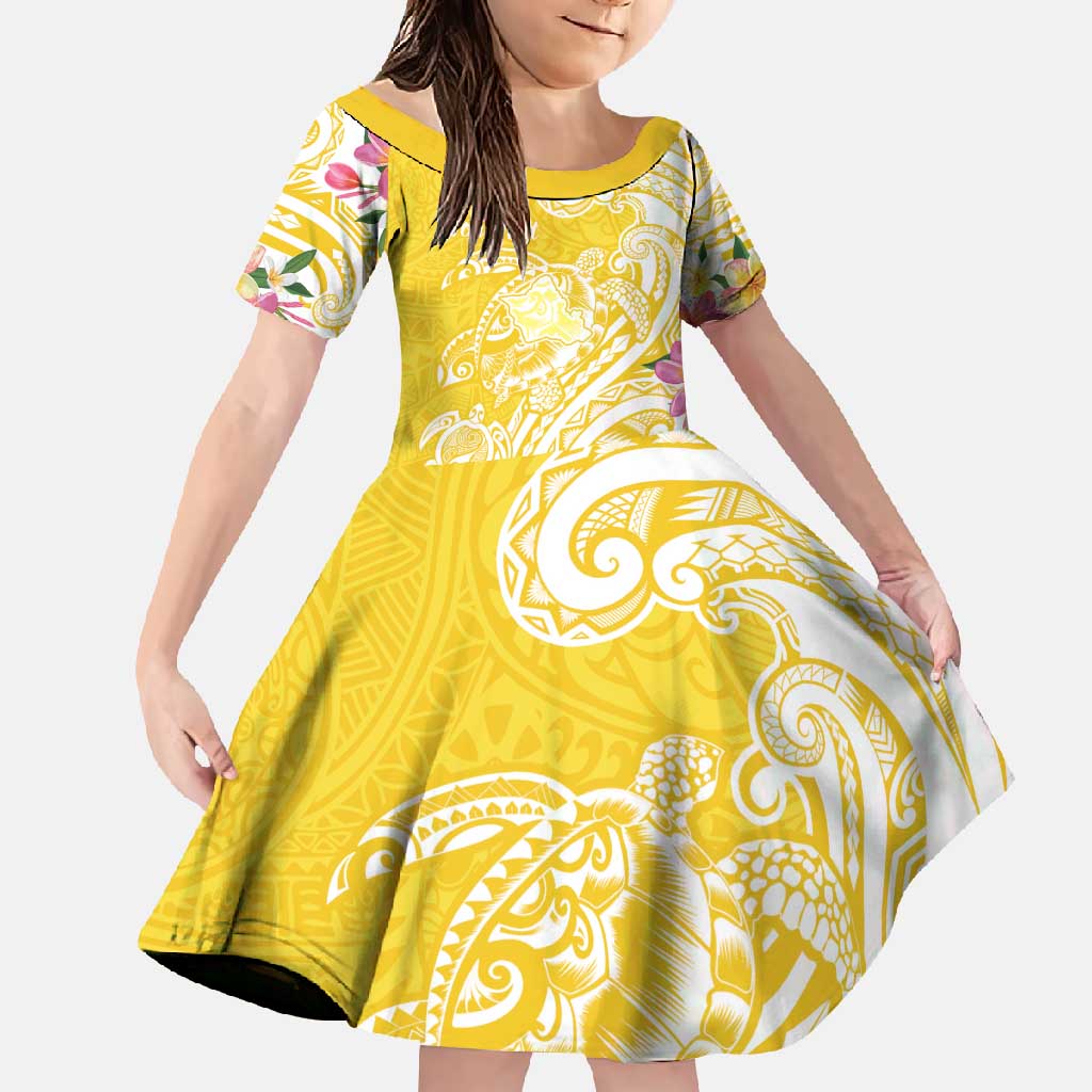 Aloha Oahu Island Personalized Family Matching Off Shoulder Maxi Dress and Hawaiian Shirt Yellow Dreamy Turtle LT7 Daughter's Dress Yellow - Polynesian Pride