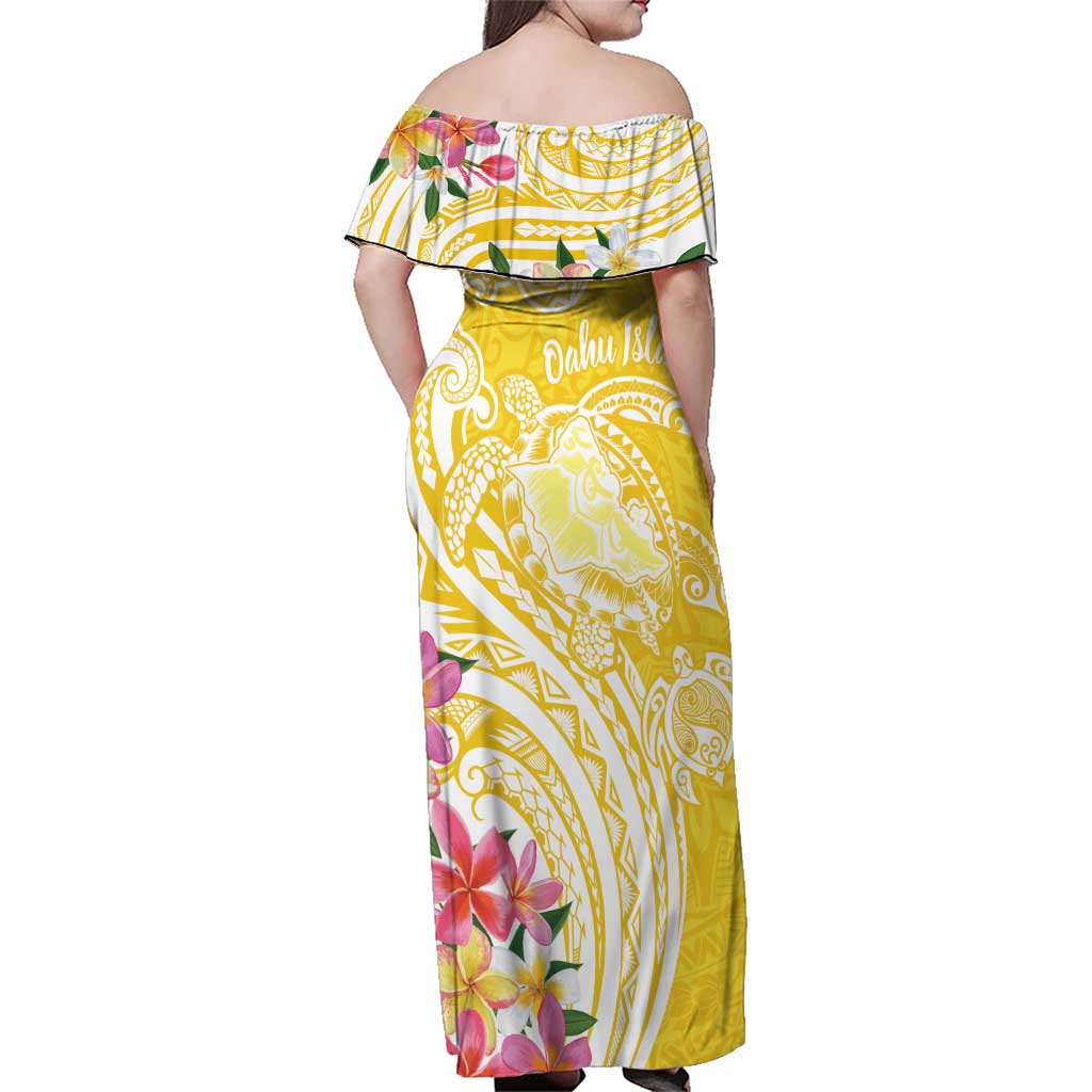 Aloha Oahu Island Personalized Family Matching Off Shoulder Maxi Dress and Hawaiian Shirt Yellow Dreamy Turtle LT7 - Polynesian Pride