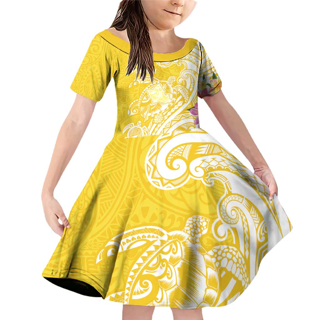 Aloha Oahu Island Personalized Family Matching Off Shoulder Short Dress and Hawaiian Shirt Yellow Dreamy Turtle LT7 Daughter's Dress Yellow - Polynesian Pride