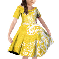 Aloha Oahu Island Personalized Family Matching Off Shoulder Short Dress and Hawaiian Shirt Yellow Dreamy Turtle LT7 Daughter's Dress Yellow - Polynesian Pride