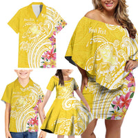 Aloha Oahu Island Personalized Family Matching Off Shoulder Short Dress and Hawaiian Shirt Yellow Dreamy Turtle LT7 - Polynesian Pride