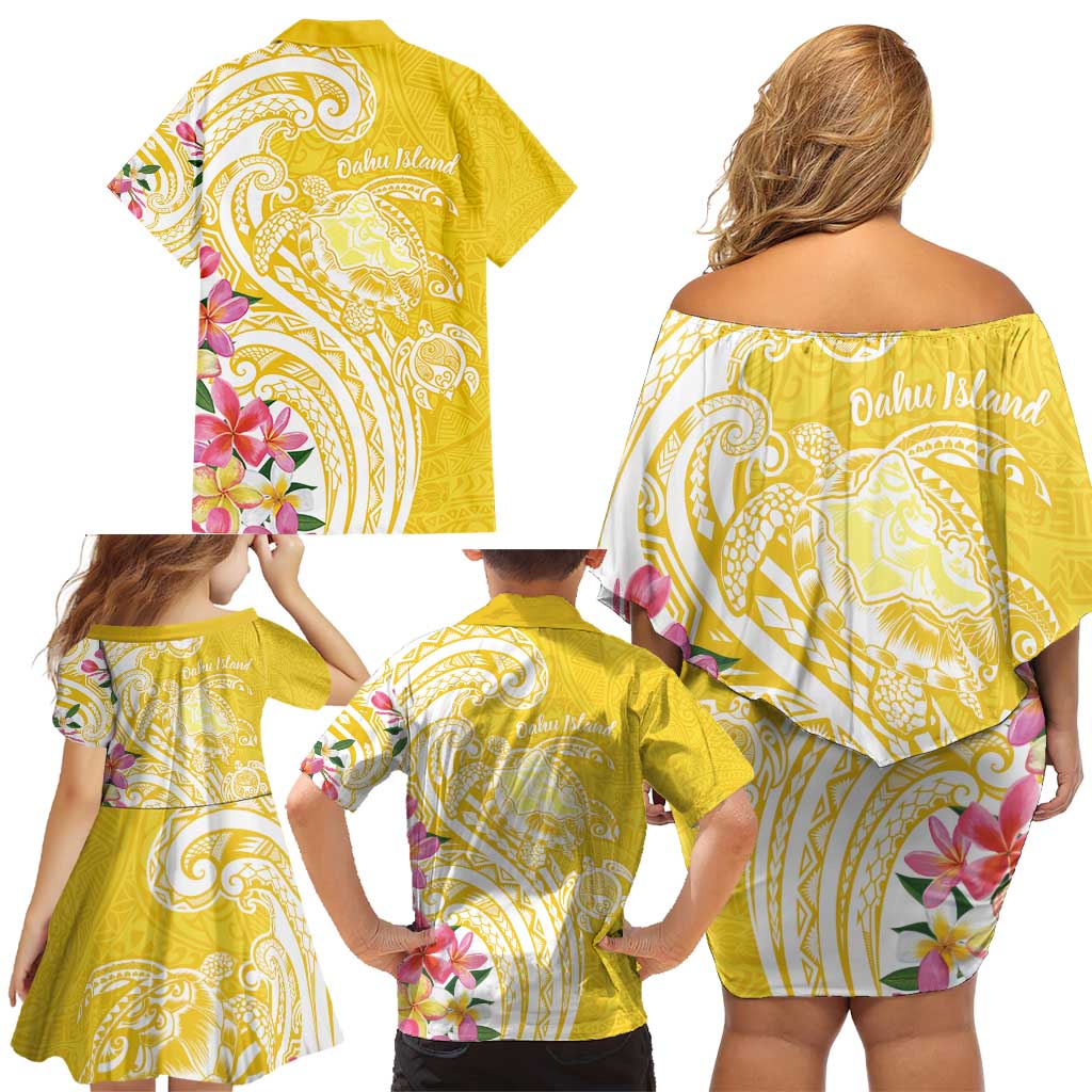Aloha Oahu Island Personalized Family Matching Off Shoulder Short Dress and Hawaiian Shirt Yellow Dreamy Turtle LT7 - Polynesian Pride