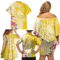 Aloha Oahu Island Personalized Family Matching Off Shoulder Short Dress and Hawaiian Shirt Yellow Dreamy Turtle LT7 - Polynesian Pride