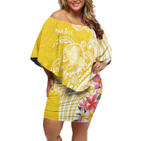 Aloha Oahu Island Personalized Family Matching Off Shoulder Short Dress and Hawaiian Shirt Yellow Dreamy Turtle LT7 Mom's Dress Yellow - Polynesian Pride