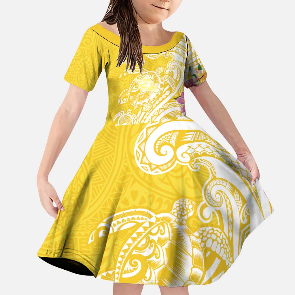 Aloha Oahu Island Personalized Family Matching Puletasi and Hawaiian Shirt Yellow Dreamy Turtle LT7 Daughter's Dress Yellow - Polynesian Pride