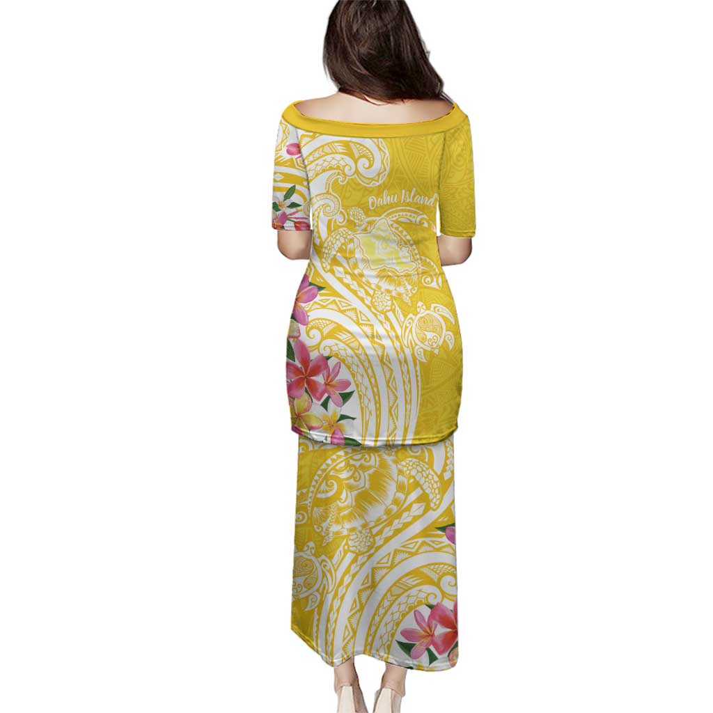 Aloha Oahu Island Personalized Family Matching Puletasi and Hawaiian Shirt Yellow Dreamy Turtle LT7 - Polynesian Pride
