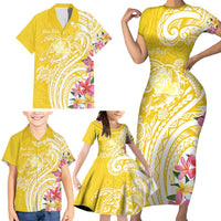 Aloha Oahu Island Personalized Family Matching Short Sleeve Bodycon Dress and Hawaiian Shirt Yellow Dreamy Turtle LT7 - Polynesian Pride