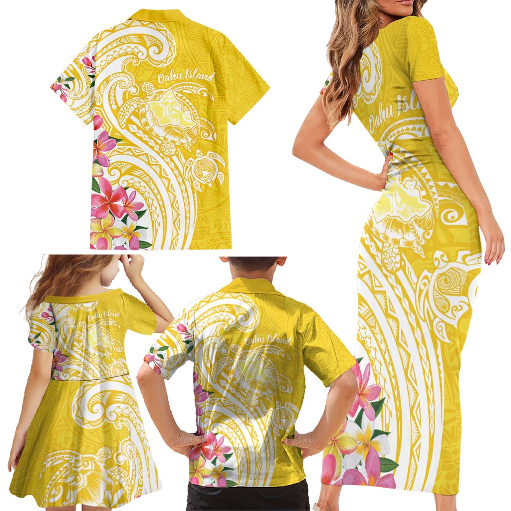 Aloha Oahu Island Personalized Family Matching Short Sleeve Bodycon Dress and Hawaiian Shirt Yellow Dreamy Turtle LT7 - Polynesian Pride