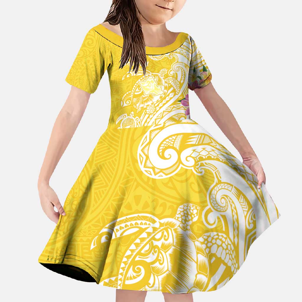 Aloha Oahu Island Personalized Family Matching Tank Maxi Dress and Hawaiian Shirt Yellow Dreamy Turtle LT7 Daughter's Dress Yellow - Polynesian Pride