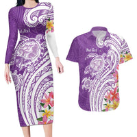 Aloha Kauai Island Personalized Couples Matching Long Sleeve Bodycon Dress and Hawaiian Shirt Lilac Dreamy Turtle LT7 Lilac - Polynesian Pride