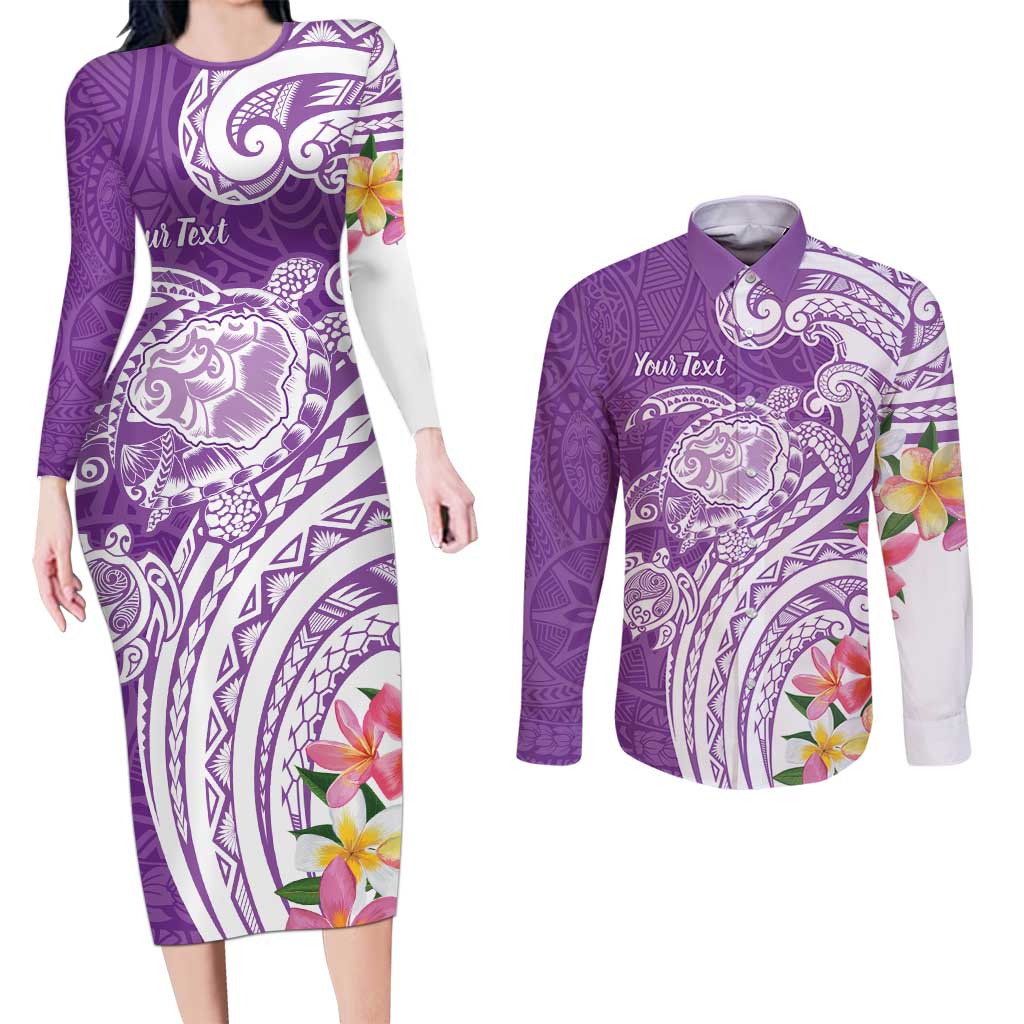 Aloha Kauai Island Personalized Couples Matching Long Sleeve Bodycon Dress and Long Sleeve Button Shirt Lilac Dreamy Turtle LT7 Lilac - Polynesian Pride