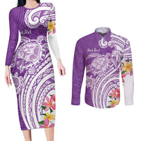 Aloha Kauai Island Personalized Couples Matching Long Sleeve Bodycon Dress and Long Sleeve Button Shirt Lilac Dreamy Turtle LT7 Lilac - Polynesian Pride