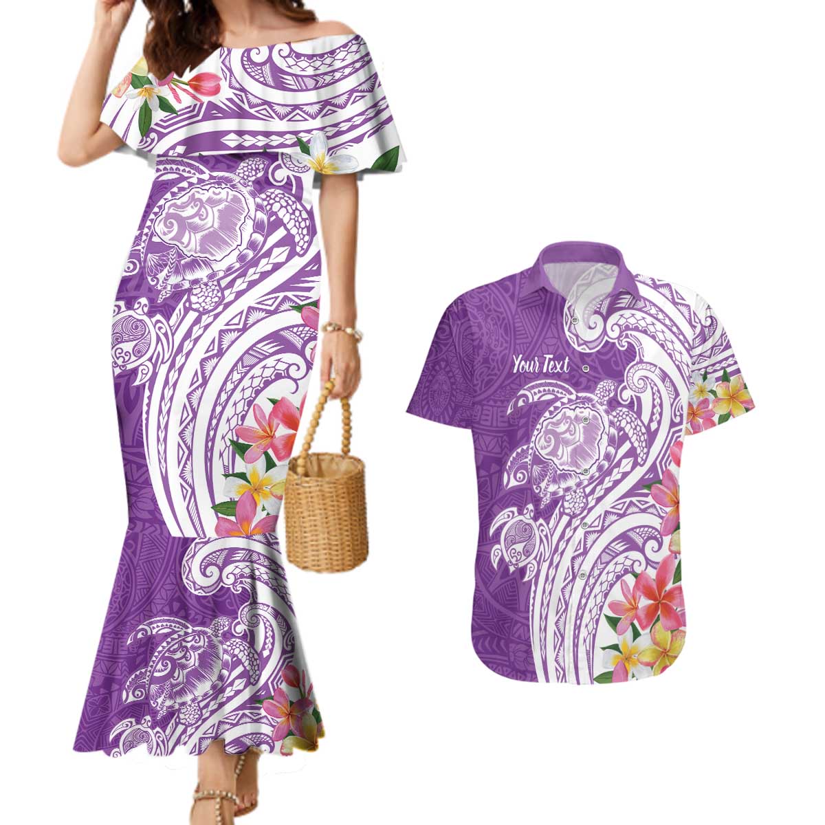 Aloha Kauai Island Personalized Couples Matching Mermaid Dress and Hawaiian Shirt Lilac Dreamy Turtle LT7 Lilac - Polynesian Pride