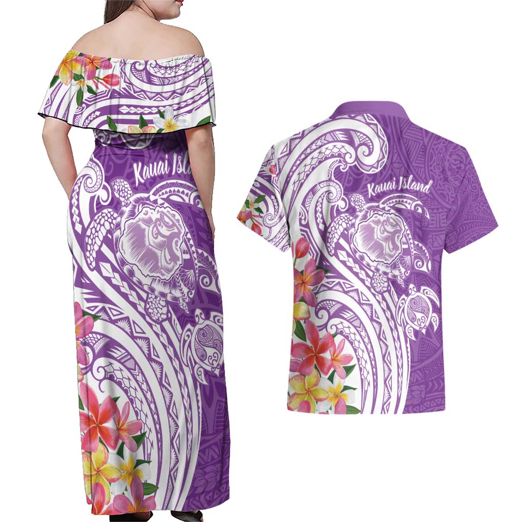 Aloha Kauai Island Personalized Couples Matching Off Shoulder Maxi Dress and Hawaiian Shirt Lilac Dreamy Turtle LT7 - Polynesian Pride