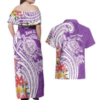 Aloha Kauai Island Personalized Couples Matching Off Shoulder Maxi Dress and Hawaiian Shirt Lilac Dreamy Turtle LT7 - Polynesian Pride