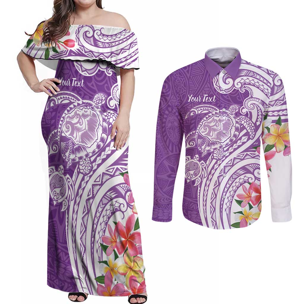 Aloha Kauai Island Personalized Couples Matching Off Shoulder Maxi Dress and Long Sleeve Button Shirt Lilac Dreamy Turtle LT7 Lilac - Polynesian Pride