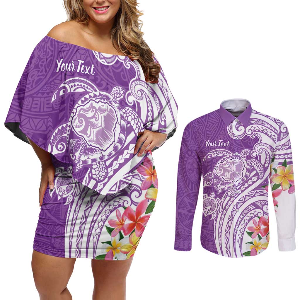 Aloha Kauai Island Personalized Couples Matching Off Shoulder Short Dress and Long Sleeve Button Shirt Lilac Dreamy Turtle LT7 Lilac - Polynesian Pride