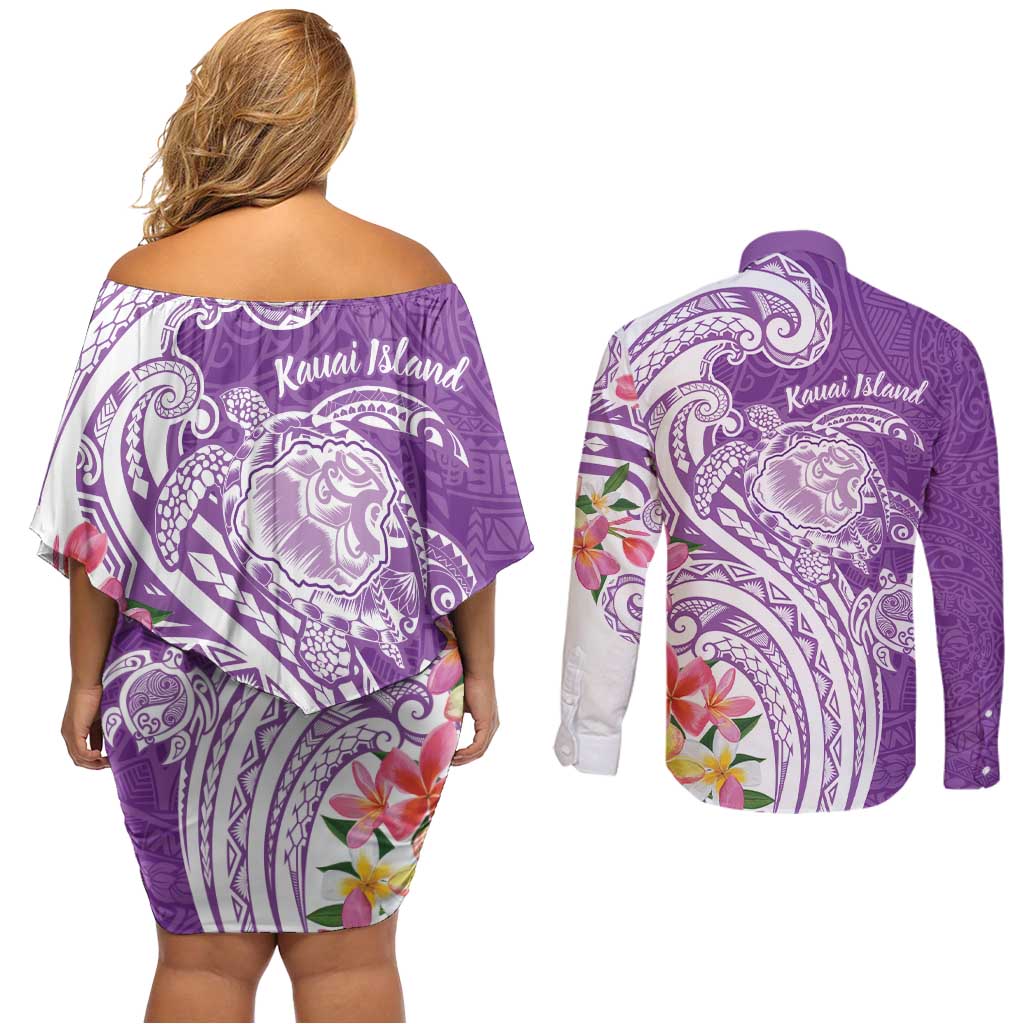 Aloha Kauai Island Personalized Couples Matching Off Shoulder Short Dress and Long Sleeve Button Shirt Lilac Dreamy Turtle