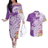 Aloha Kauai Island Personalized Couples Matching Off The Shoulder Long Sleeve Dress and Hawaiian Shirt Lilac Dreamy Turtle LT7 Lilac - Polynesian Pride