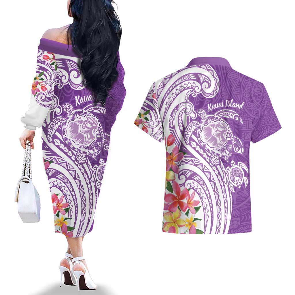Aloha Kauai Island Personalized Couples Matching Off The Shoulder Long Sleeve Dress and Hawaiian Shirt Lilac Dreamy Turtle LT7 - Polynesian Pride