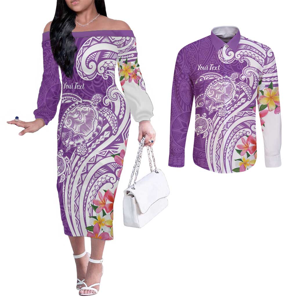 Aloha Kauai Island Personalized Couples Matching Off The Shoulder Long Sleeve Dress and Long Sleeve Button Shirt Lilac Dreamy Turtle LT7 Lilac - Polynesian Pride
