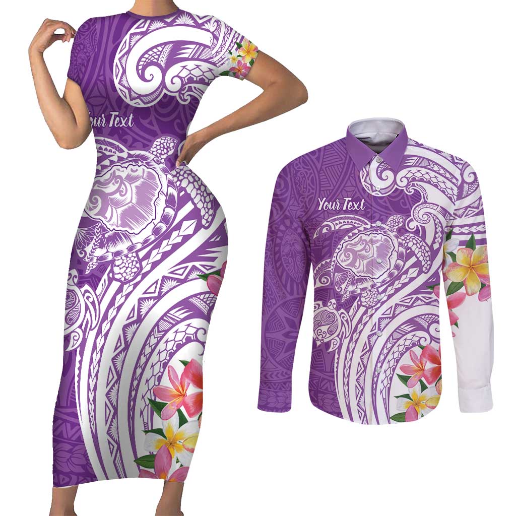 Aloha Kauai Island Personalized Couples Matching Short Sleeve Bodycon Dress and Long Sleeve Button Shirt Lilac Dreamy Turtle LT7 Lilac - Polynesian Pride
