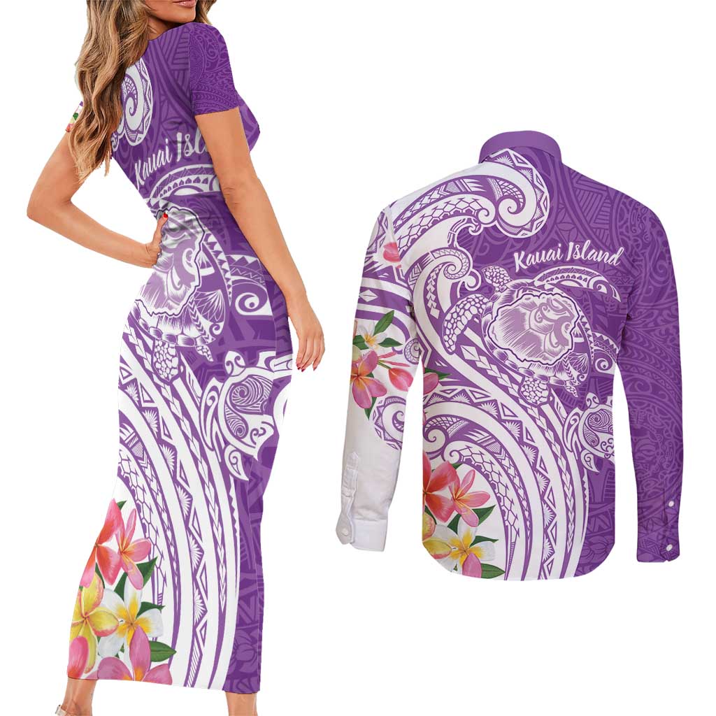 Aloha Kauai Island Personalized Couples Matching Short Sleeve Bodycon Dress and Long Sleeve Button Shirt Lilac Dreamy Turtle LT7 - Polynesian Pride