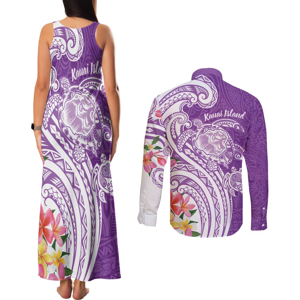 Aloha Kauai Island Personalized Couples Matching Tank Maxi Dress and Long Sleeve Button Shirt Lilac Dreamy Turtle