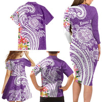 Aloha Kauai Island Personalized Family Matching Long Sleeve Bodycon Dress and Hawaiian Shirt Lilac Dreamy Turtle LT7 - Polynesian Pride