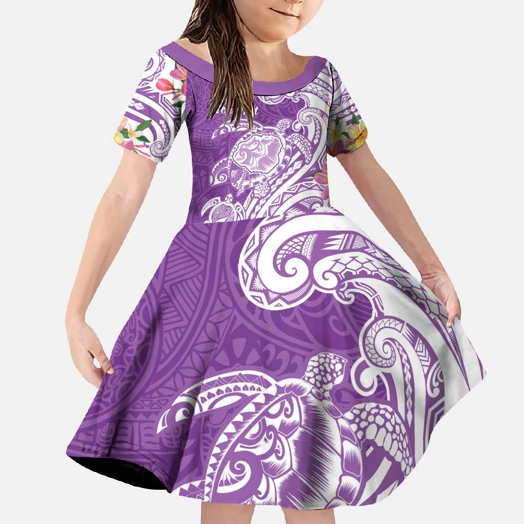 Aloha Kauai Island Personalized Family Matching Off Shoulder Maxi Dress and Hawaiian Shirt Lilac Dreamy Turtle LT7 Daughter's Dress Lilac - Polynesian Pride