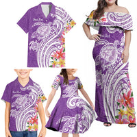 Aloha Kauai Island Personalized Family Matching Off Shoulder Maxi Dress and Hawaiian Shirt Lilac Dreamy Turtle LT7 - Polynesian Pride