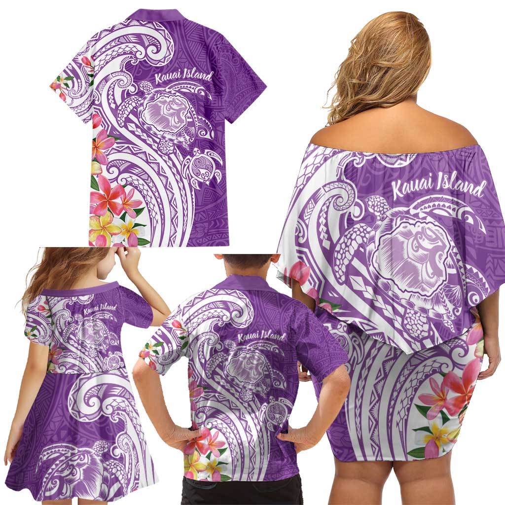 Aloha Kauai Island Personalized Family Matching Off Shoulder Short Dress and Hawaiian Shirt Lilac Dreamy Turtle LT7 - Polynesian Pride