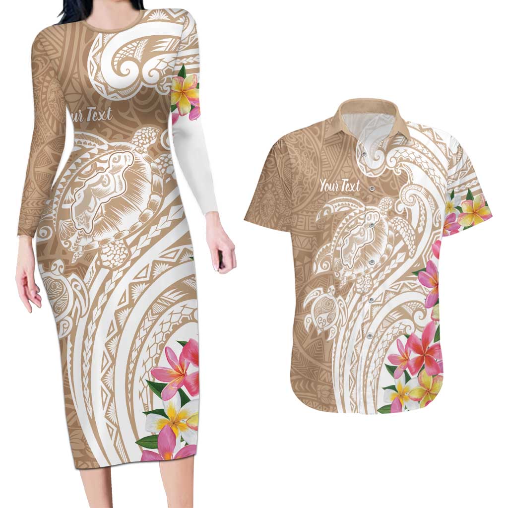 Aloha Niihau Island Personalized Couples Matching Long Sleeve Bodycon Dress and Hawaiian Shirt Beige Dreamy Turtle LT7 Beige - Polynesian Pride