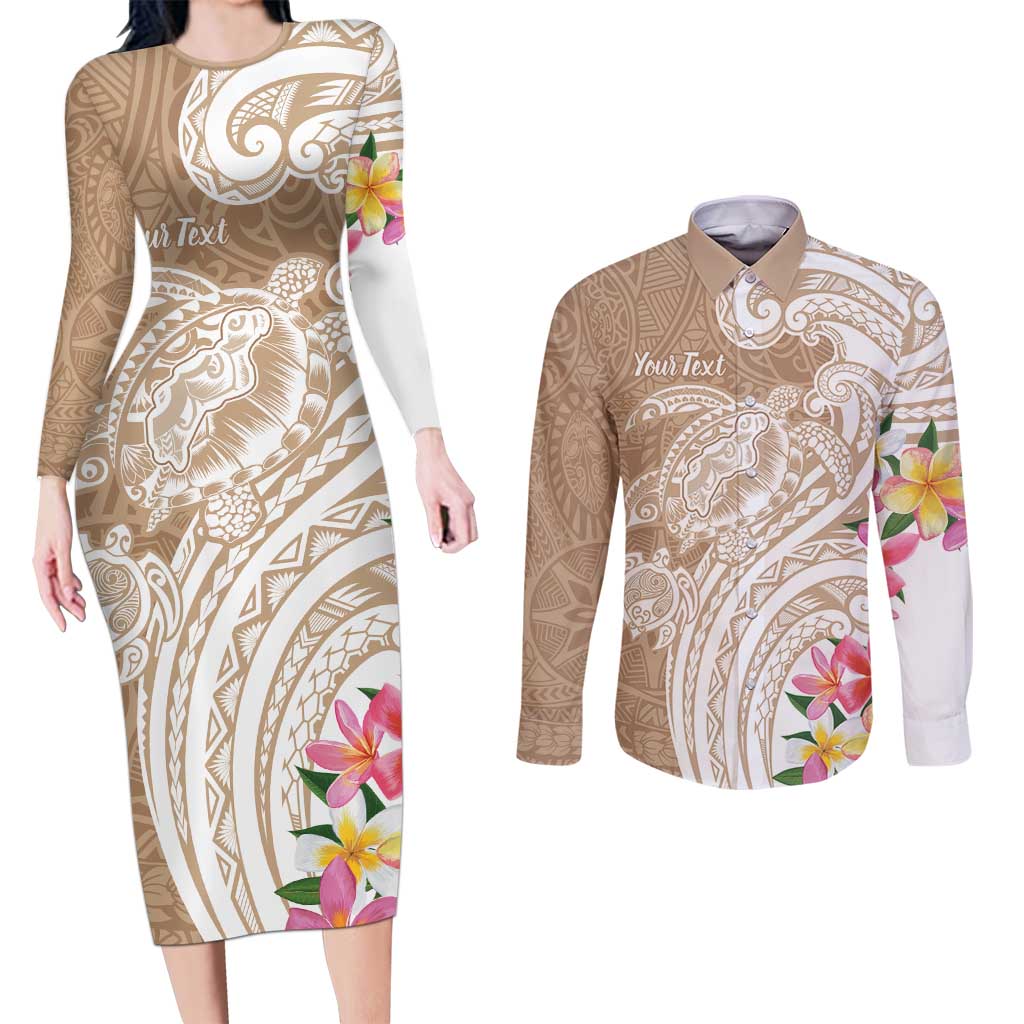 Aloha Ni’ihau Island Personalized Couples Matching Long Sleeve Bodycon Dress and Long Sleeve Button Shirt Beige Dreamy Turtle