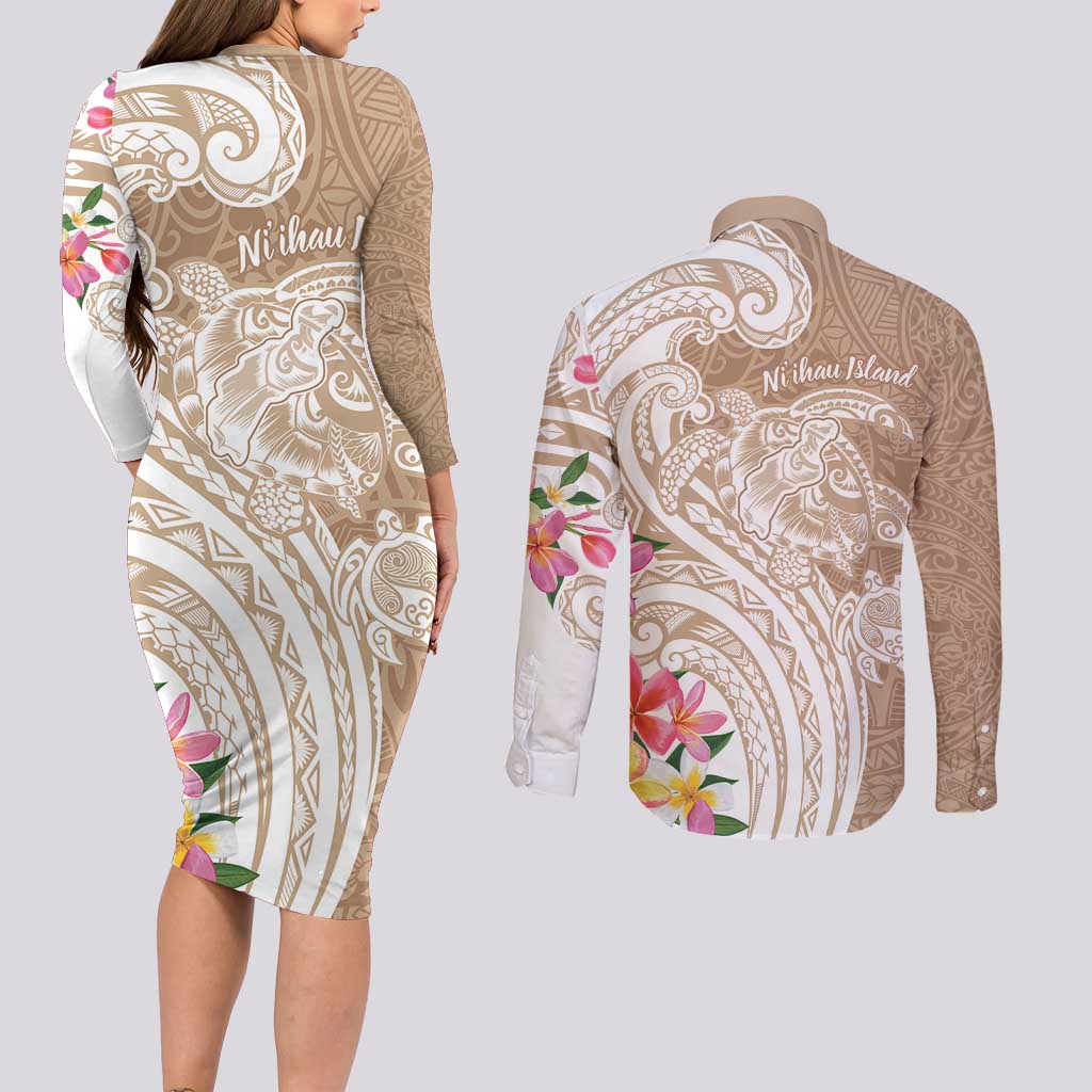 Aloha Niihau Island Personalized Couples Matching Long Sleeve Bodycon Dress and Long Sleeve Button Shirt Beige Dreamy Turtle LT7 - Polynesian Pride