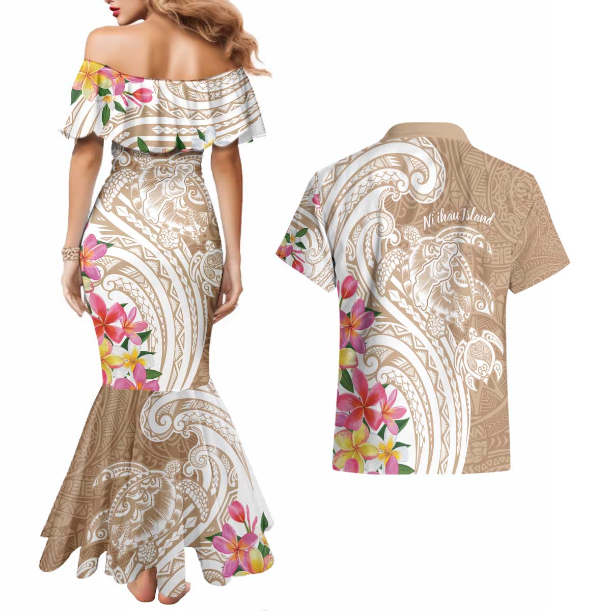 Aloha Niihau Island Personalized Couples Matching Mermaid Dress and Hawaiian Shirt Beige Dreamy Turtle LT7 - Polynesian Pride