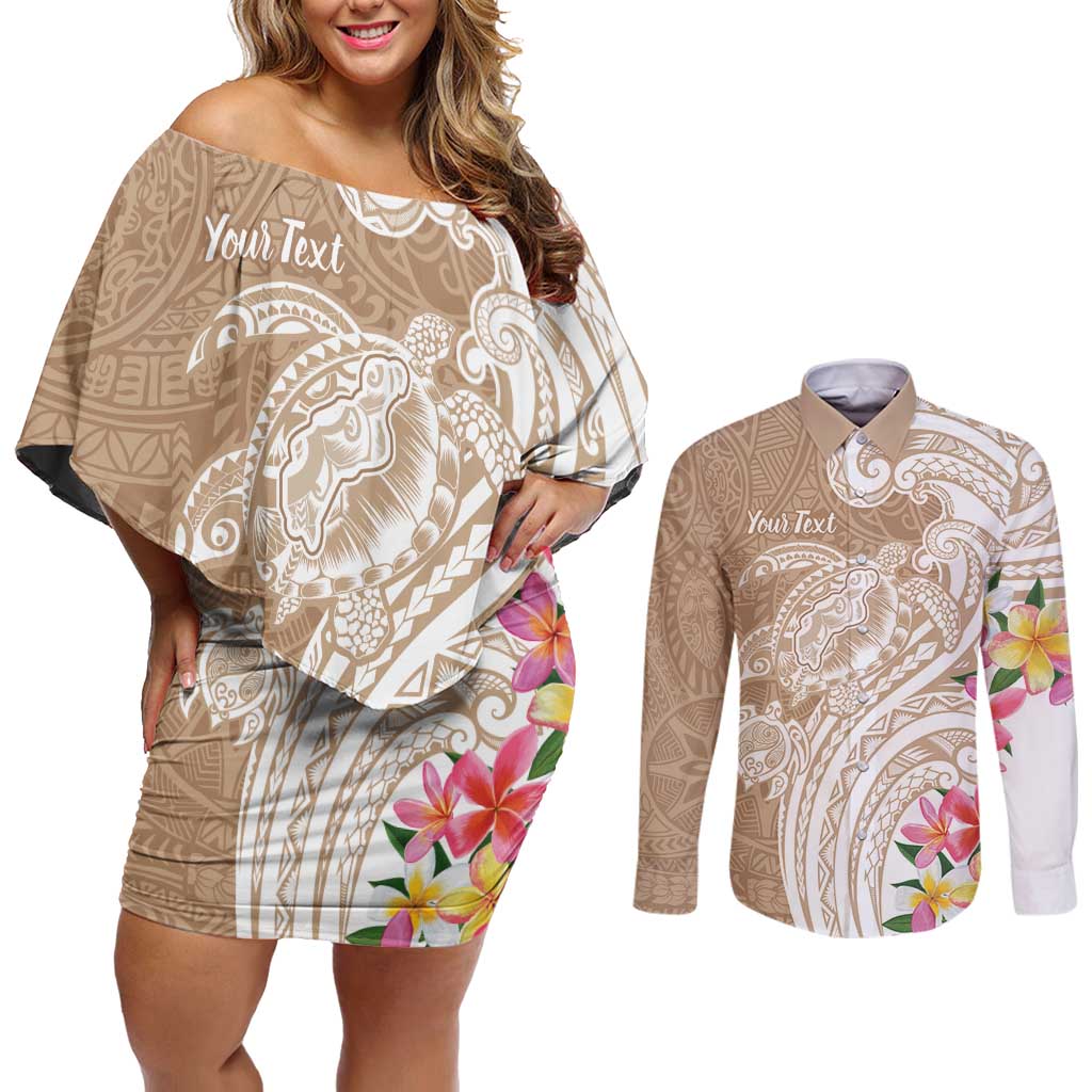 Aloha Ni’ihau Island Personalized Couples Matching Off Shoulder Short Dress and Long Sleeve Button Shirt Beige Dreamy Turtle