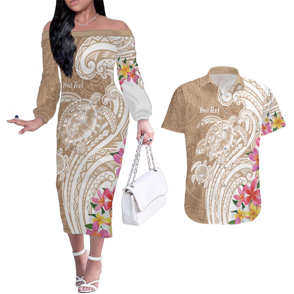 Aloha Niihau Island Personalized Couples Matching Off The Shoulder Long Sleeve Dress and Hawaiian Shirt Beige Dreamy Turtle LT7 Beige - Polynesian Pride