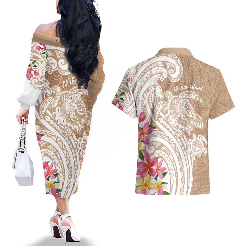 Aloha Niihau Island Personalized Couples Matching Off The Shoulder Long Sleeve Dress and Hawaiian Shirt Beige Dreamy Turtle LT7 - Polynesian Pride