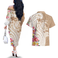 Aloha Niihau Island Personalized Couples Matching Off The Shoulder Long Sleeve Dress and Hawaiian Shirt Beige Dreamy Turtle LT7 - Polynesian Pride