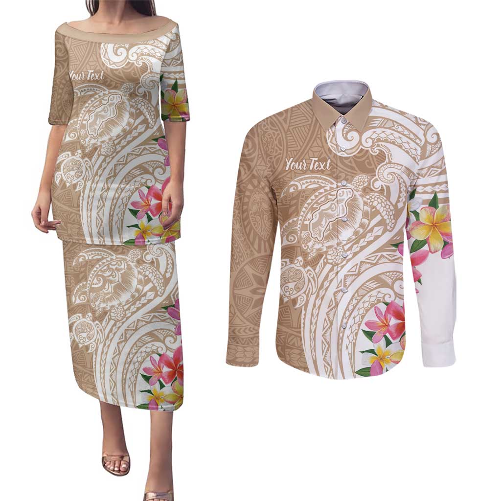 Aloha Ni’ihau Island Personalized Couples Matching Puletasi and Long Sleeve Button Shirt Beige Dreamy Turtle