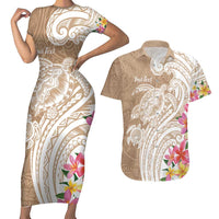 Aloha Niihau Island Personalized Couples Matching Short Sleeve Bodycon Dress and Hawaiian Shirt Beige Dreamy Turtle LT7 Beige - Polynesian Pride